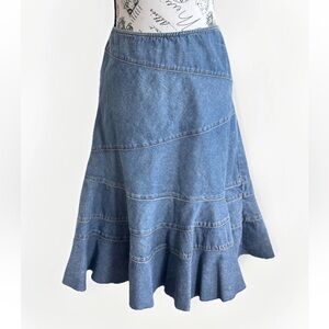 Vintage 90s Y2K DKNY Denim Skirt Mid Length DKNY Jeans Panelled Flared Size 6
